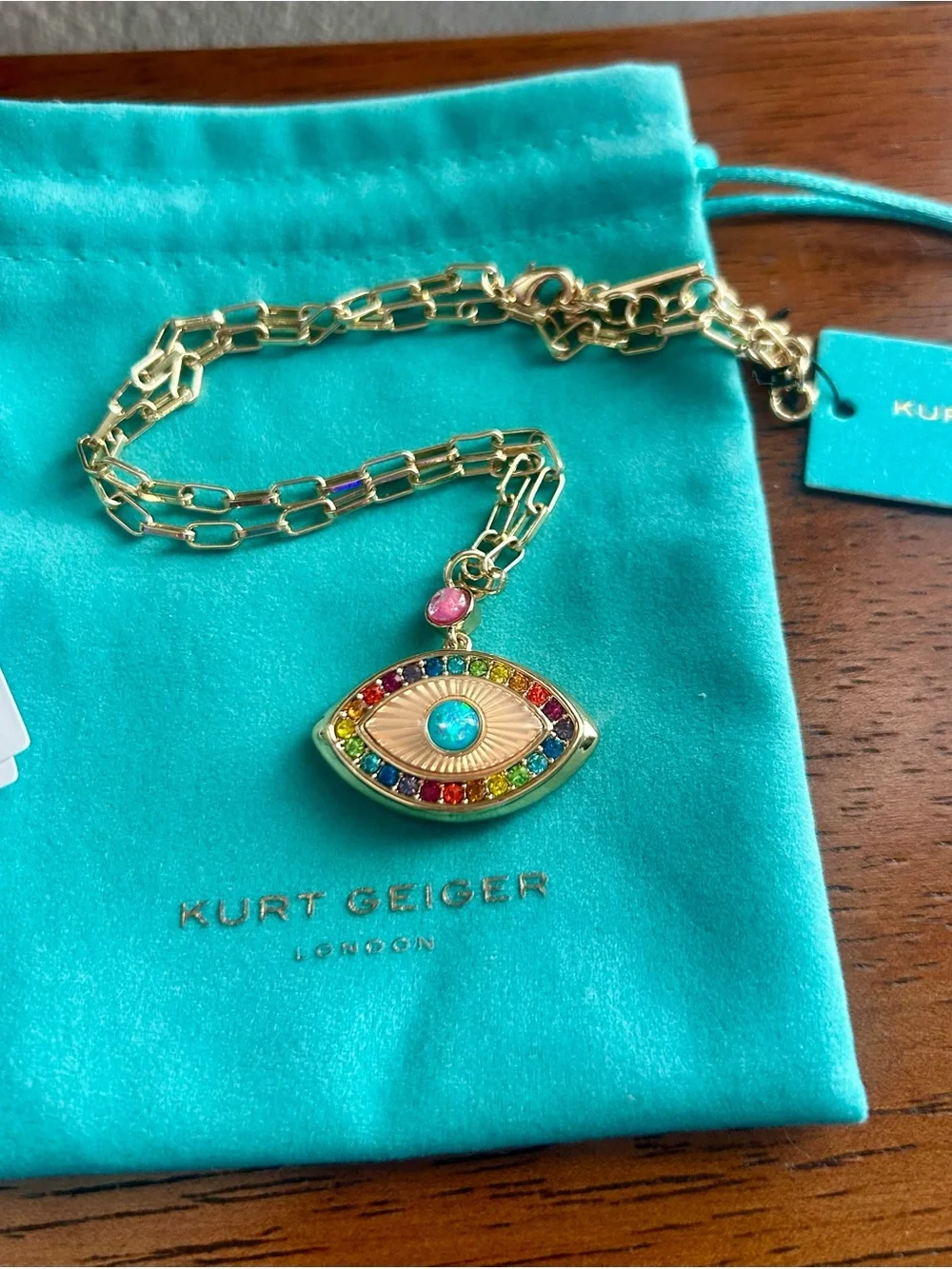 Kurt Geiger Gold Eye Pendant Necklace with Multicolor Stones